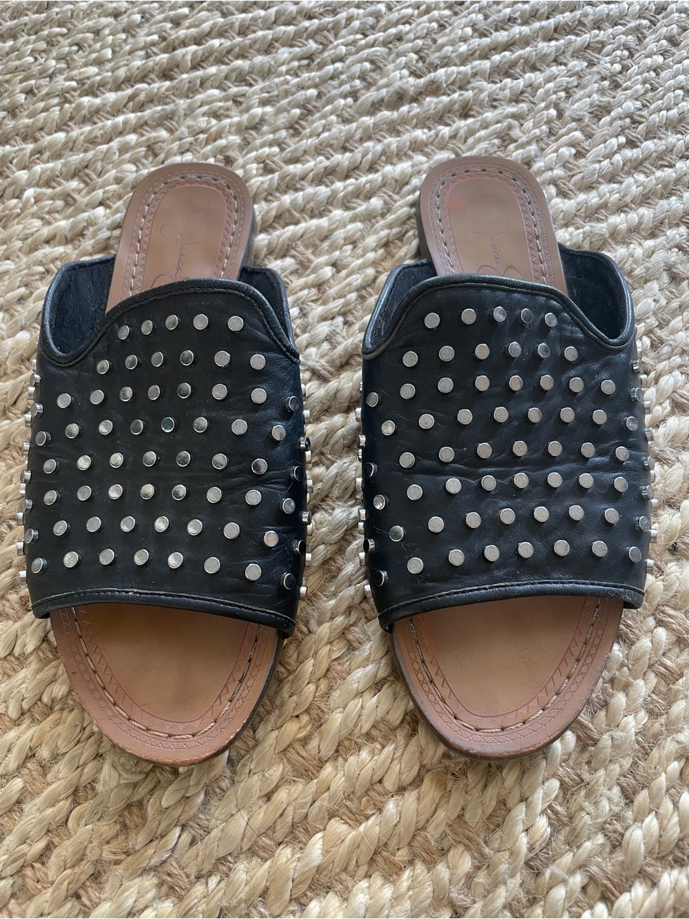 🖤Jessica Simpson Black Silver Studded Leather Slide Mules